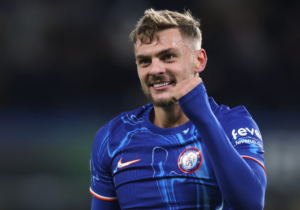 Chelsea's Kiernan Dewsbury-Hall celebrates scoring his side's third goal during the Europa Conference League League Stage match between Chelsea and...