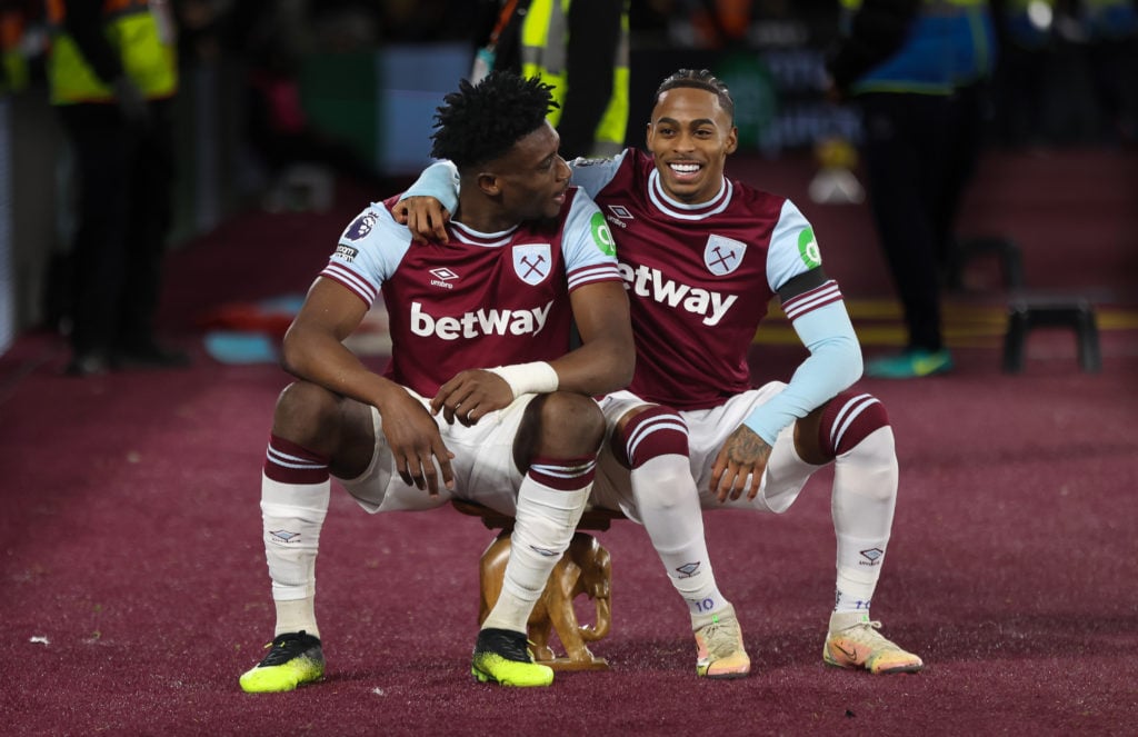 Mohammed Kudus celebrates with Crysencio Summerville after scoring for West Ham