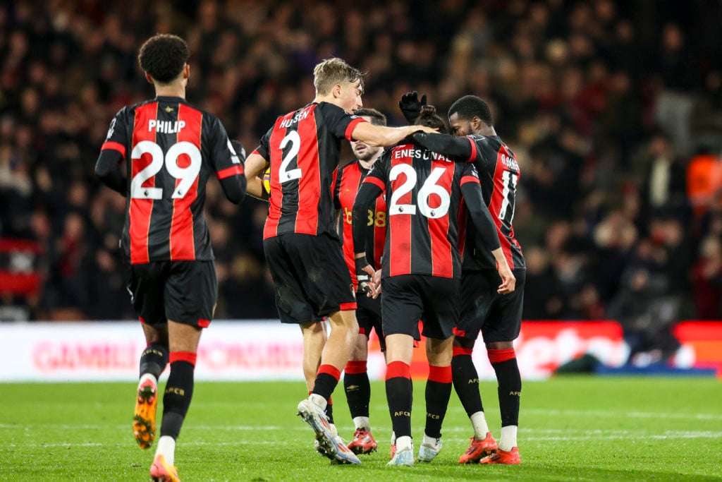 Enes Unal of Bournemouth is congratulated by team-mates Philip Billing, Dean Huijsen, Lewis Cook and Dango Ouattara after he scores a goal to make ...