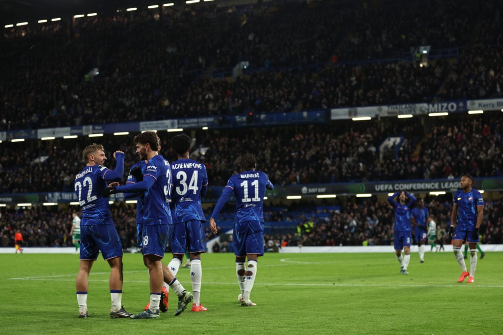 Kiernan Dewsbury-Hall of Chelsea celebrates with teammate Marc Guiu after scoring his team's third goal during the UEFA Conference League 2024/25 L...