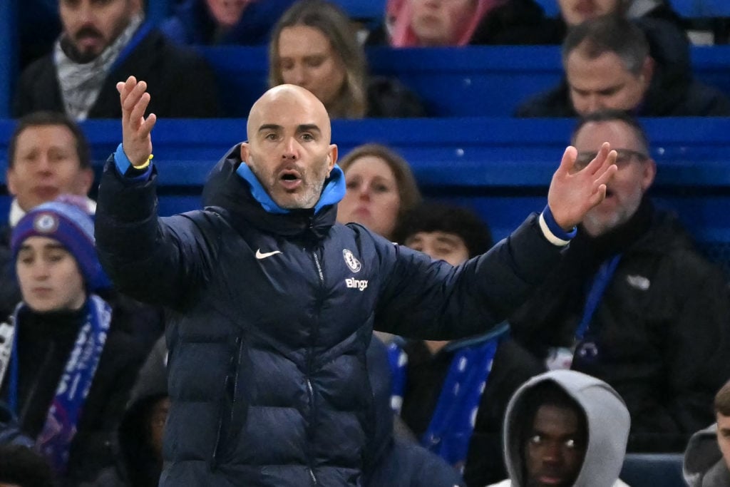 Chelsea's Italian head coach Enzo Maresca reacts during the English Premier League football match between Chelsea and Fulham at Stamford Bridge in ...