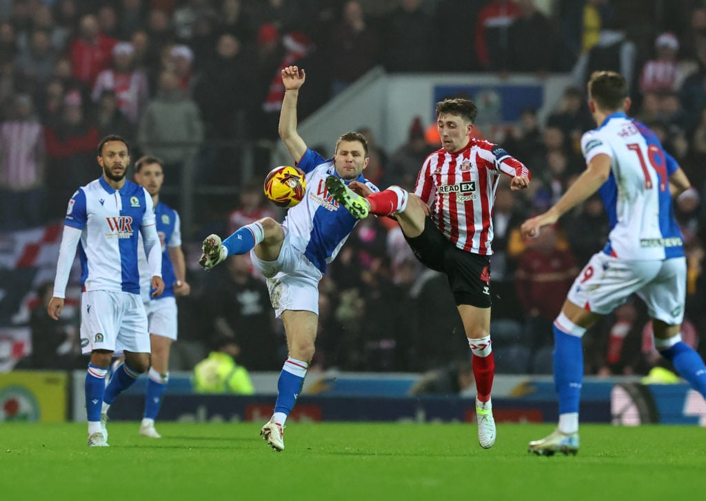 Blackburn Rovers' Sondre Tronstad battles for possession with Sunderland's Dan Neil during the Sky Bet Championship match between Blackburn Rovers ...