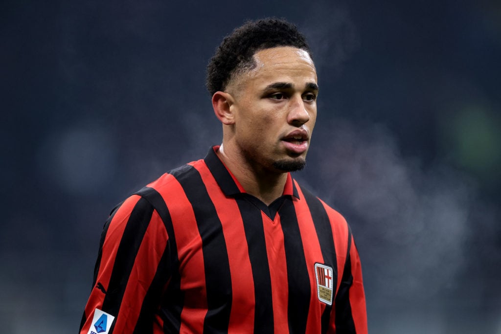 Noah Okafor of AC Milan looks on during the Serie A match between AC Milan and Genoa CFC at Stadio Giuseppe Meazza on December 15, 2024 in Milan, I...