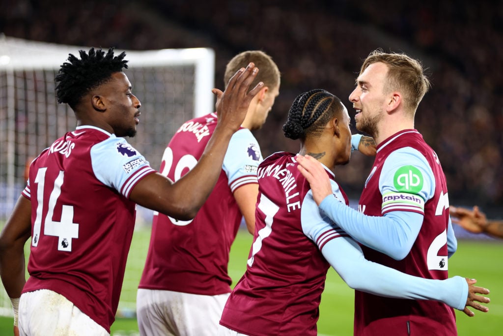 Mohammed Kudus of West Ham United celebrates scoring his team's first goal with teammates Tomas Soucek, Crysencio Summerville and Jarrod Bowen duri...