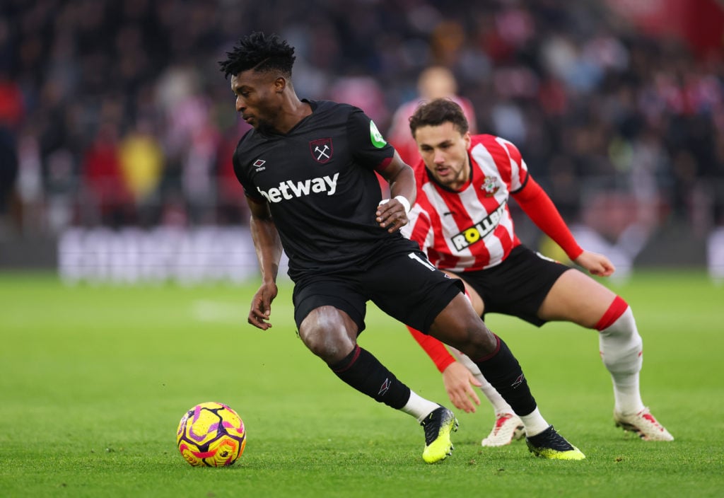 Mohammed Kudus of West Ham United controls the ball during the Premier League match between Southampton FC and West Ham United FC at St Mary's Stad...