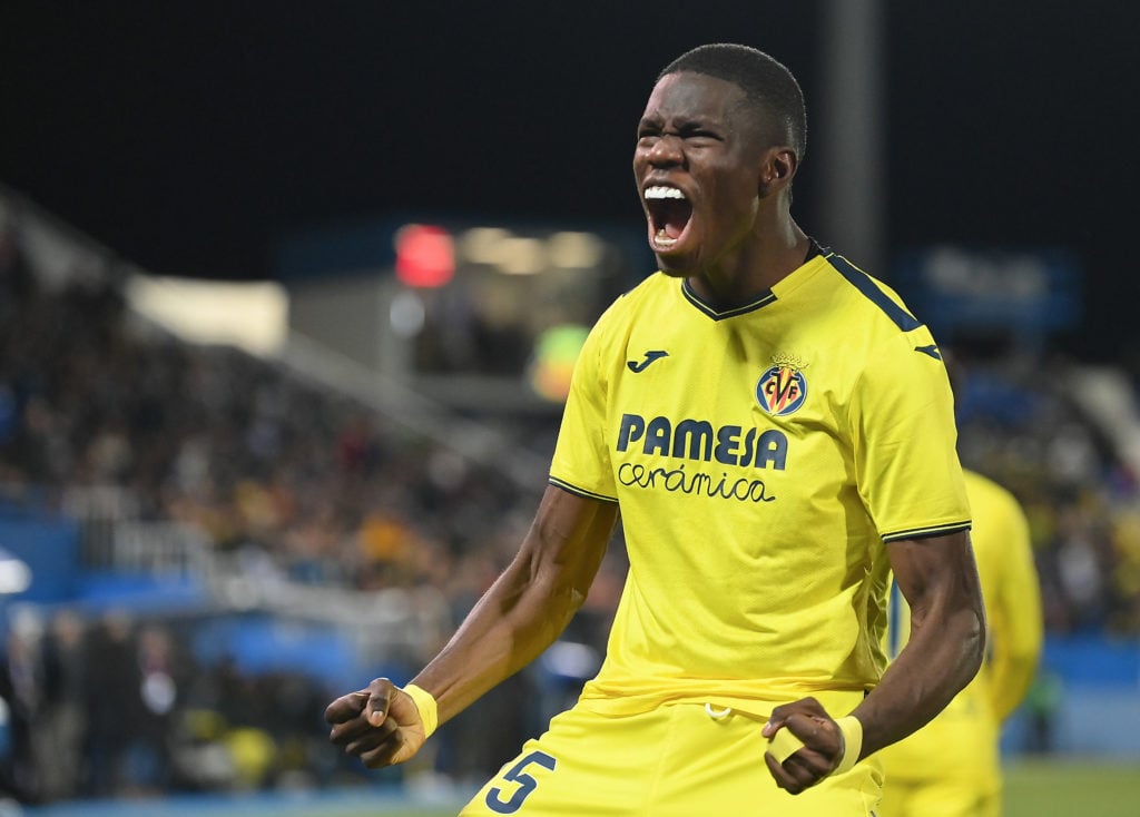 Thierno Barry of Villarreal CF celebrates after scoring his team's second goal during the LaLiga match between CD Leganes and Villarreal CF at Esta...