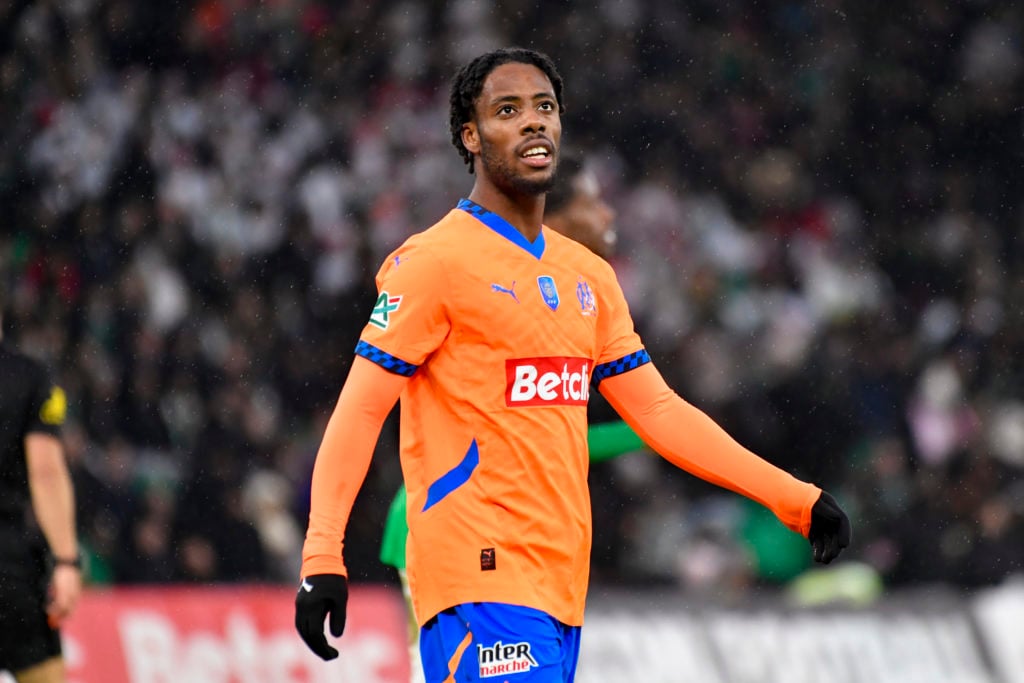 Elye Wahi of Marseille walks in the field during the match between Saint-Étienne and Olympique de Marseille at Stade Geoffroy-Guichard on December ...