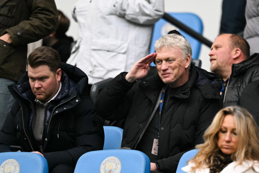 West Ham United's former manager David Moyes reacts from the stands during the English Premier League football match between Manchester City and We...