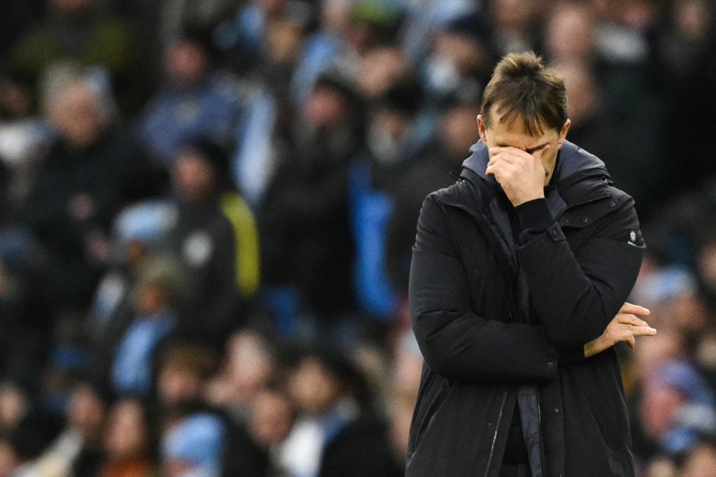 West Ham United's Spanish manager Julen Lopetegui reacts during the English Premier League football match between Manchester City and West Ham Unit...