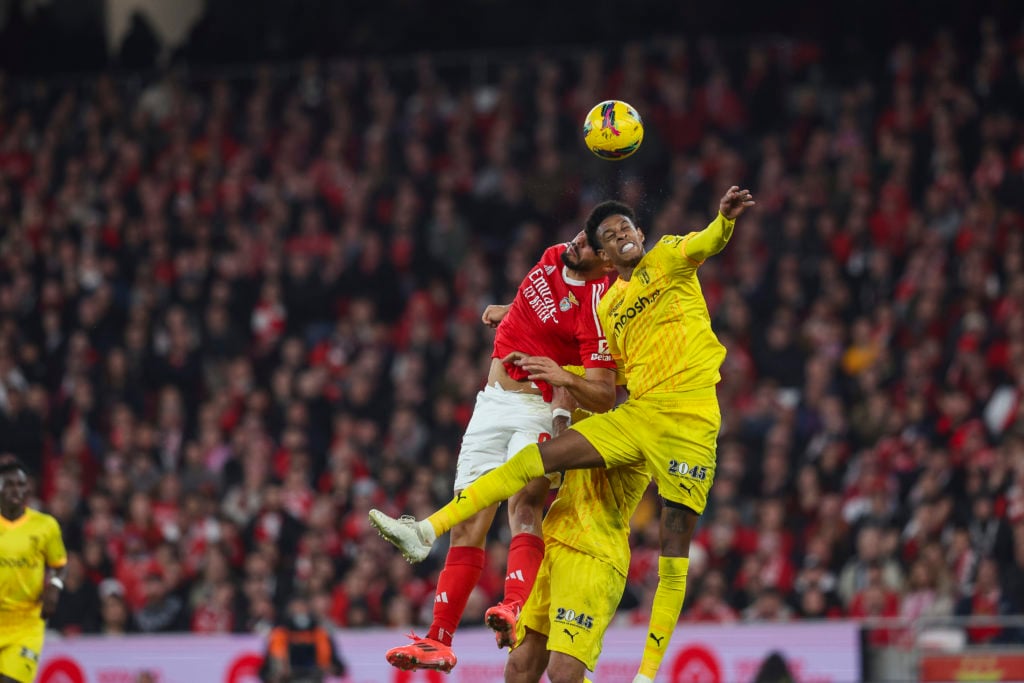 Arthur Cabral of SL Benfica (L) vies with Robson Bambu of SC Braga  (R) for the ball possession during the Liga Portugal Betclic match between SL B...