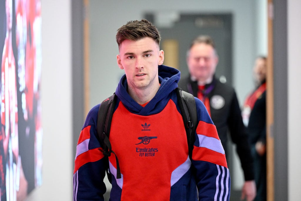 Kieran Tierney of Arsenal arrives at the stadium prior to the Premier League match between Brentford FC and Arsenal FC at the Brentford Community S...