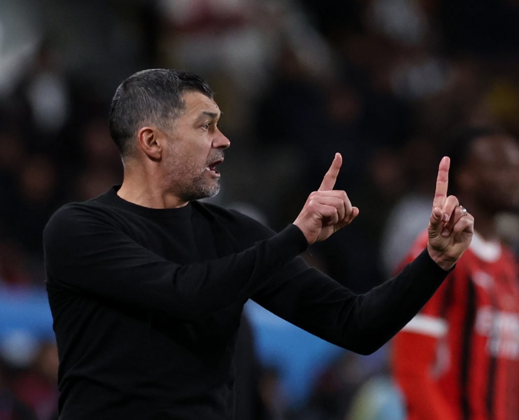 Head coach AC Milan Sergio Conceicao reacts during the Italian Super Cup Semi-Final match between AC Milan and Juventus at Al Awwal Park on January...