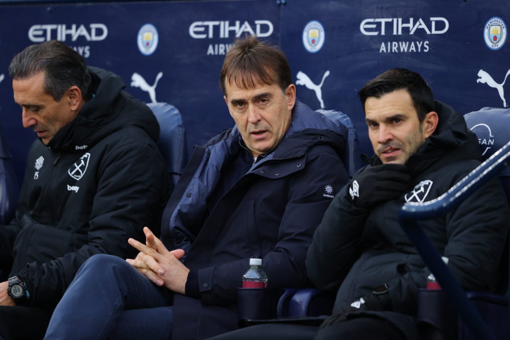 Julen Lopetegui, manager of West Ham United,  during the Premier League match between Manchester City FC and West Ham United FC at Etihad Stadium o...