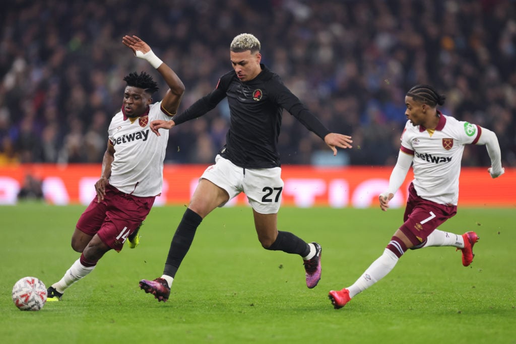 Mohammed Kudus of West Ham United, Morgan Rogers of Aston Villa and Crysencio Summerville of West Ham United during the Emirates FA Cup Third Round...