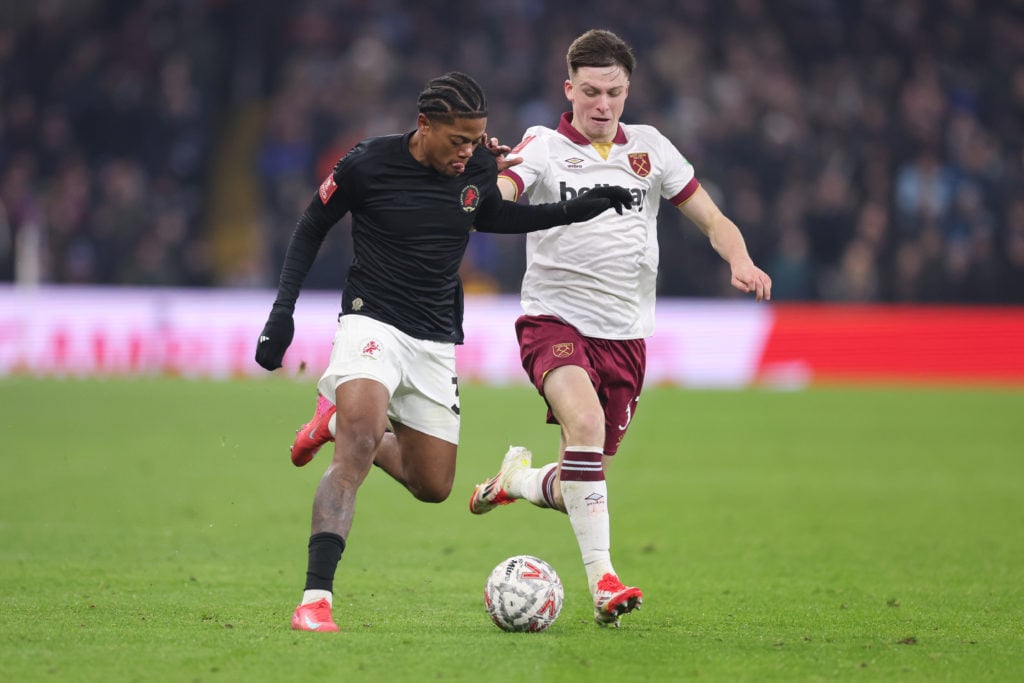 Leon Bailey of Aston Villa and Ollie Scarles of West Ham United  during the Emirates FA Cup Third Round match between Aston Villa and West Ham Unit...