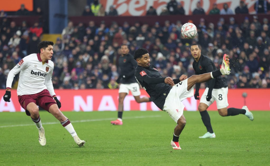 Aston Villa's Ian Maatsen and West Ham United's Edson Alvarez during the Emirates FA Cup Third Round match between Aston Villa and West Ham United ...