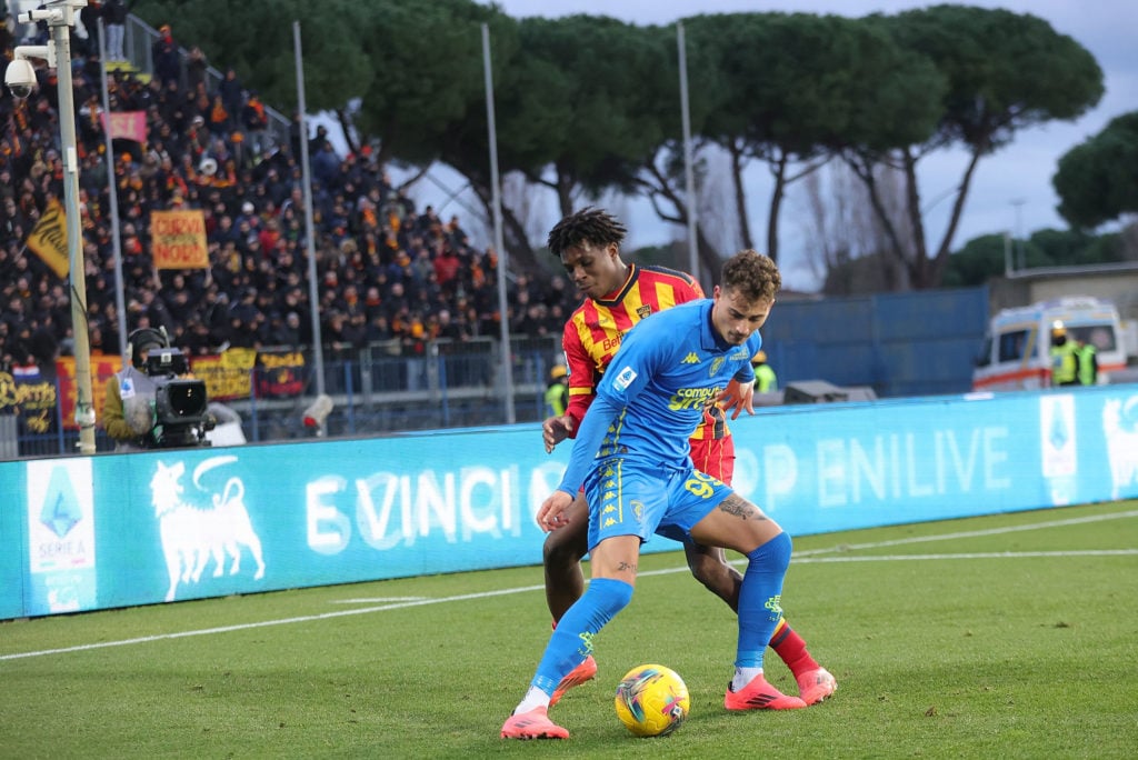 Patrick Dorgu of US Lecce and Sebastiano Esposito of Empoli FC in action during the Serie A match between Empoli and Lecce at Stadio Carlo Castella...