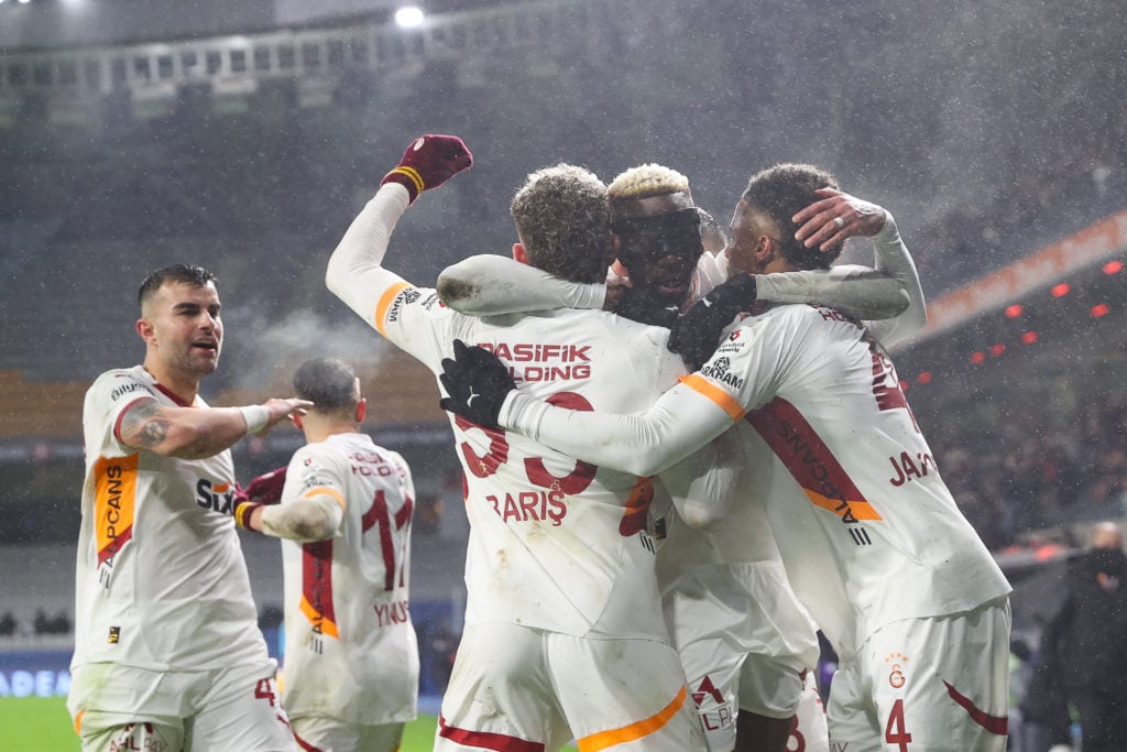 Baris Alper Yilmaz of Galatasaray celebrates after scoring a goal during the Turkish Super Lig week 19 football match between RAMS Basaksehir and G...