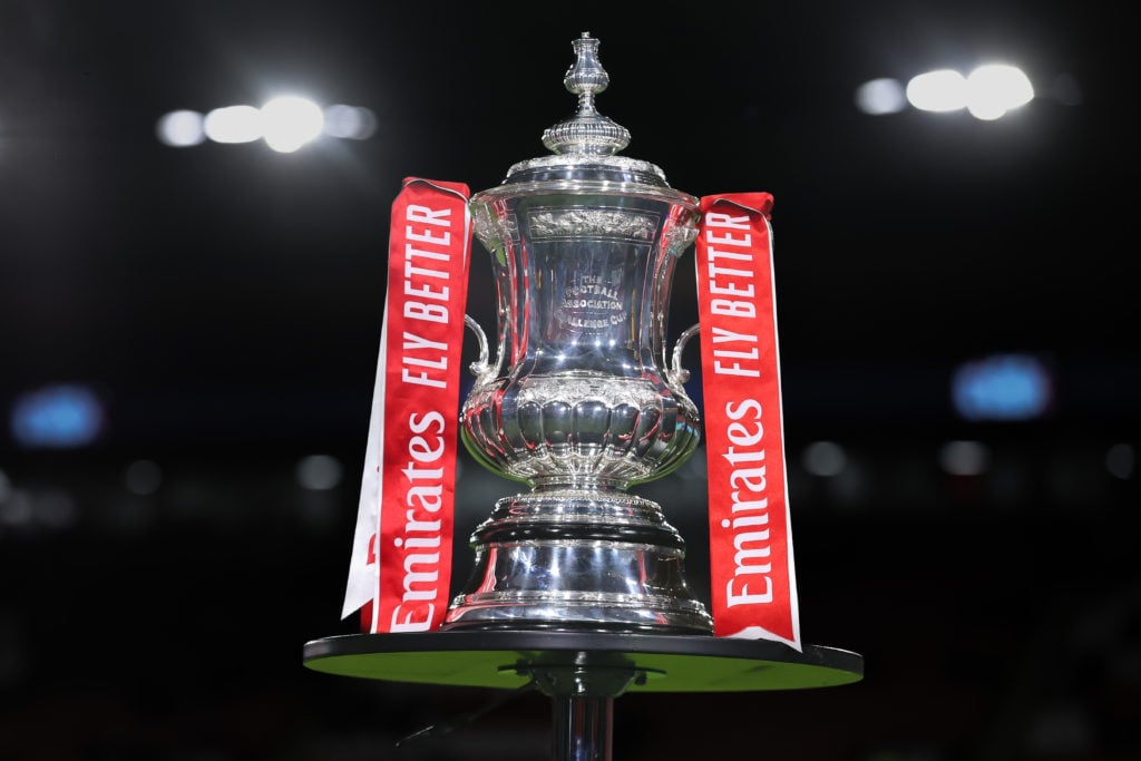 The FA Cup trophy is seen during the Emirates FA Cup Third Round match between Sheffield United and Cardiff City at Bramall Lane on January 09, 202...