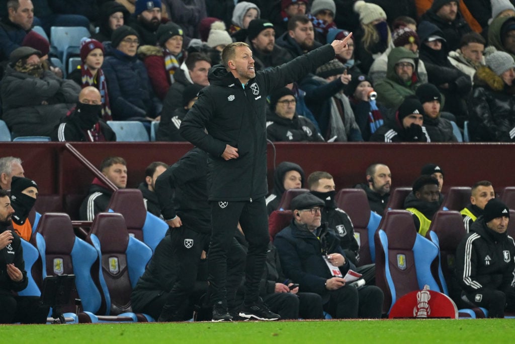 Graham Potter, Head Coach of West Ham United, reacts during the Emirates FA Cup Third Round match between Aston Villa and West Ham United at Villa ...