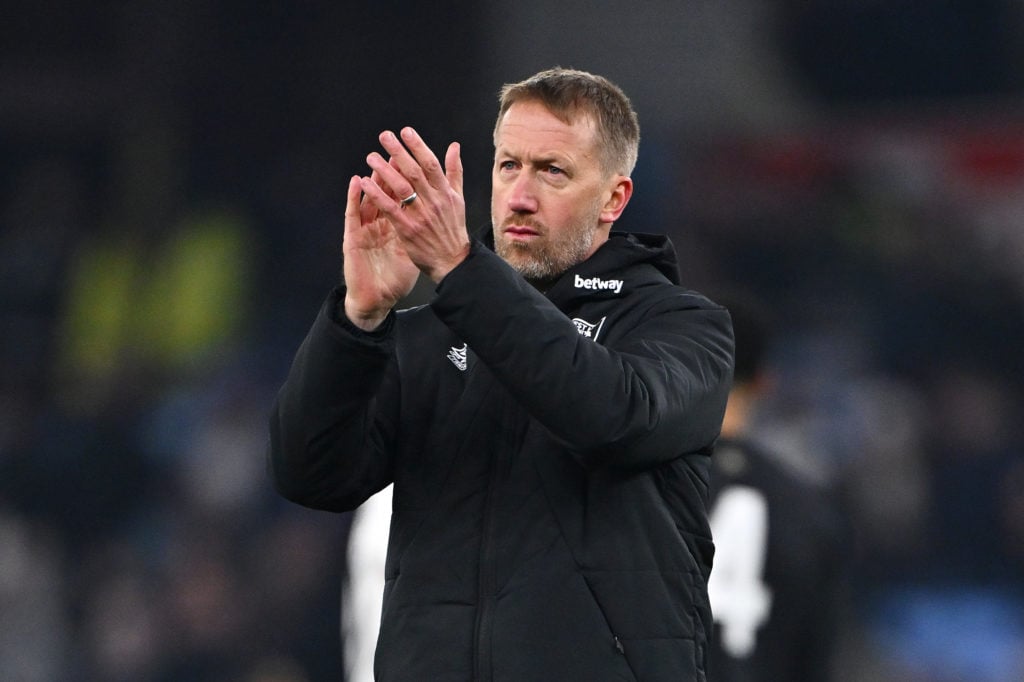 Graham Potter, Head Coach of West Ham United, applauds the fans at full-time following the team's defeat in the Emirates FA Cup Third Round match b...