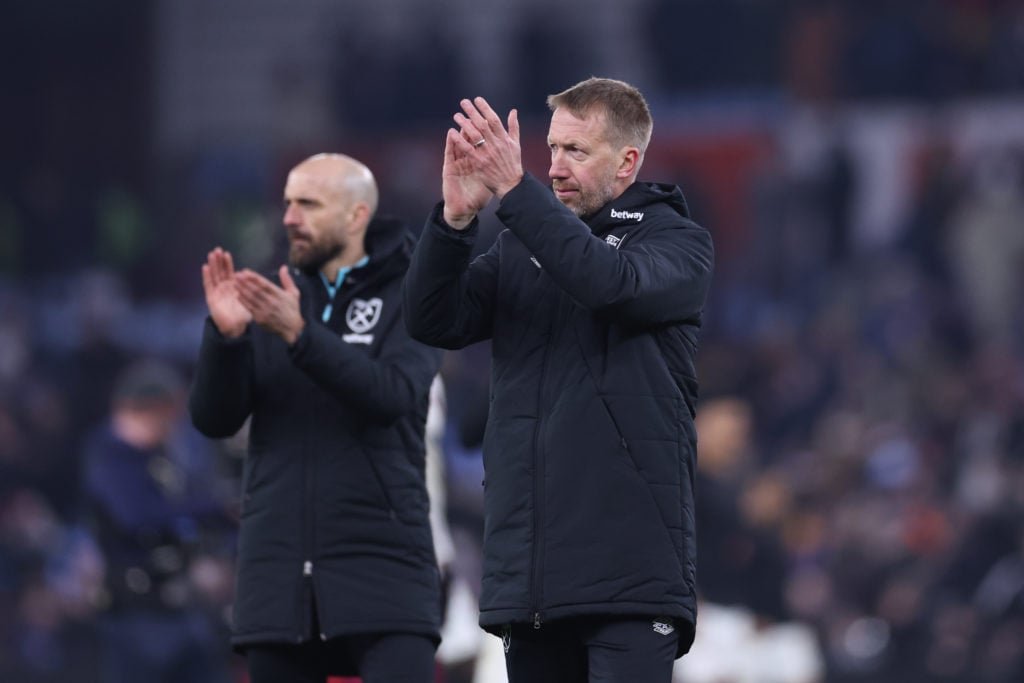 Graham Potter, head coach of West Ham United, acknowledges the traveling support after the Emirates FA Cup Third Round match between Aston Villa an...