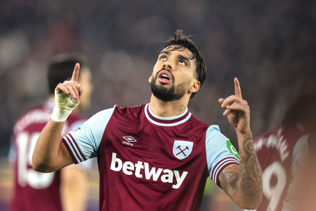 Lucas Paqueta of West Ham United celebrates scoring their 3rd goal during the Premier League match between West Ham United FC and Fulham FC at Lond...