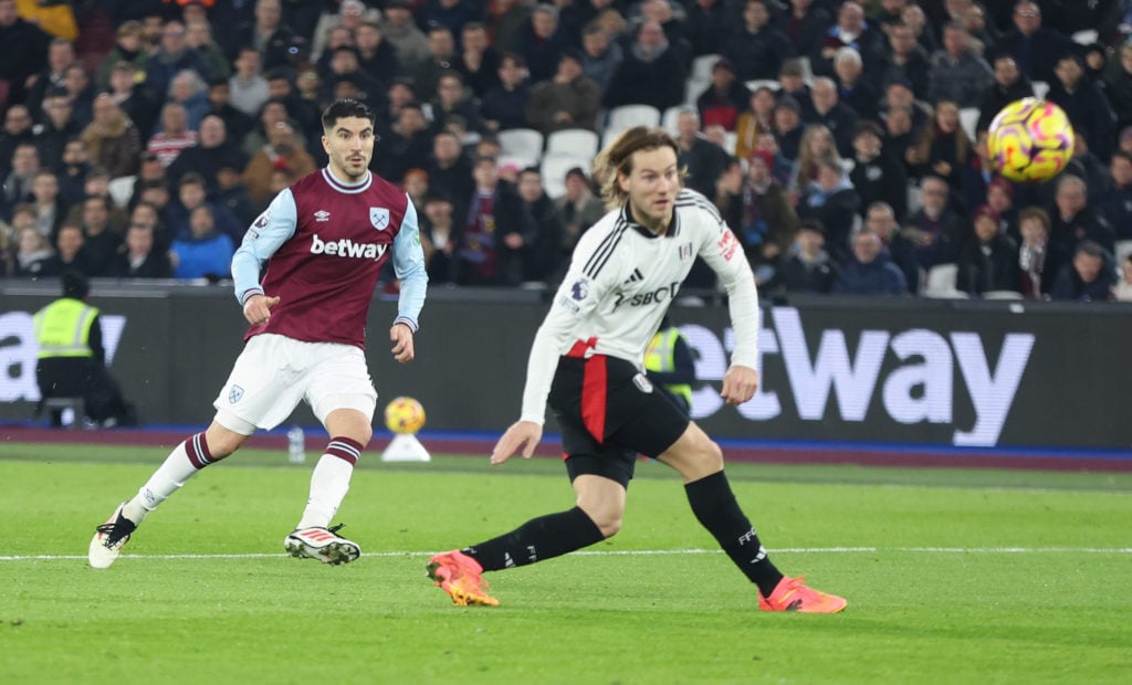 West Ham United's Carlos Soler scores his side's first goal during the Premier League match between West Ham United FC and Fulham FC at London Stad...