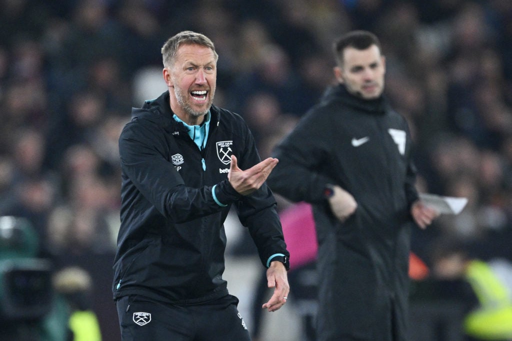 Graham Potter, Head Coach of West Ham United, reacts during the Premier League match between West Ham United FC and Fulham FC at London Stadium on ...