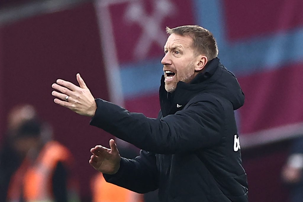 West Ham United's English head coach Graham Potter gestures on the touchline during the English Premier League football match between West Ham Unit...