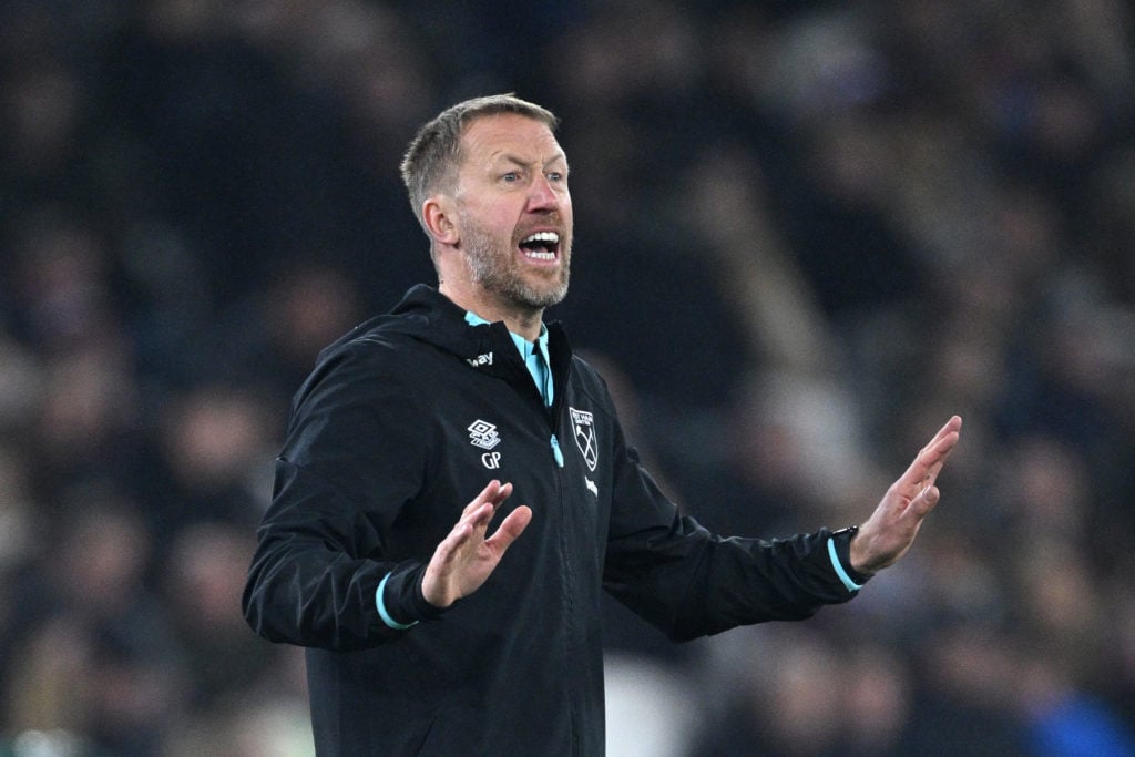 Graham Potter, Head Coach of West Ham United, reacts during the Premier League match between West Ham United FC and Fulham FC at London Stadium on ...