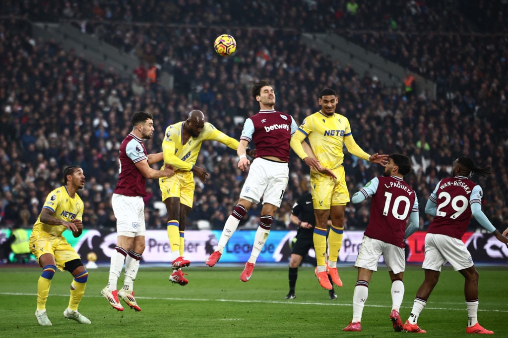 TOPSHOT - (L-R) Crystal Palace's US defender #26 Chris Richards, West Ham United's English defender #26 Maximilian Kilman, Crystal Palace's French ...