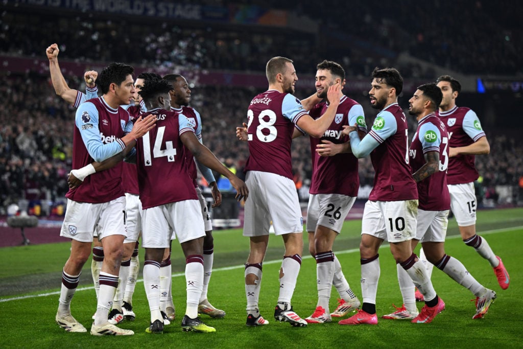 Tomas Soucek of West Ham United celebrates scoring his team's second goal with team mates during the Premier League match between West Ham United F...