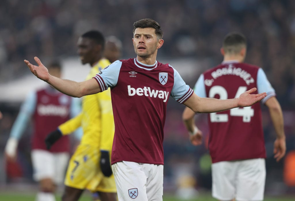 Aaron Cresswell of West Ham United reacts during the Premier League match between West Ham United FC and Crystal Palace FC at London Stadium on Jan...