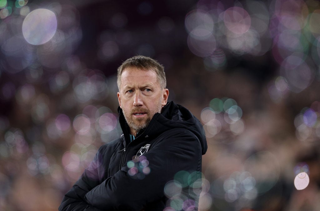 Graham Potter, Head Coach of West Ham United looks on during the Premier League match between West Ham United FC and Fulham FC at London Stadium on...