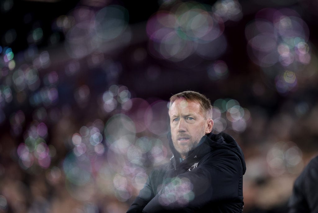 Graham Potter, Head Coach of West Ham United looks on during the Premier League match between West Ham United FC and Fulham FC at London Stadium on...