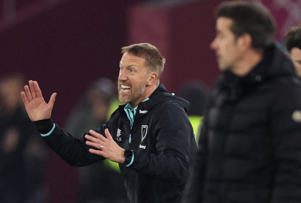 Graham Potter, Head Coach of West Ham United gestures during the Premier League match between West Ham United FC and Fulham FC at London Stadium on...