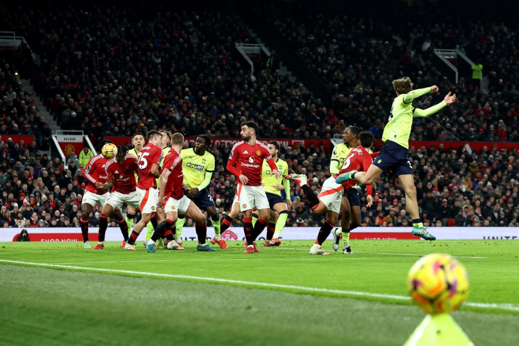 A header from Tyler Dibling of Southampton leads to an own goal by Manuel Ugarte of Manchester United to make the score 1-0 during the Premier Leag...