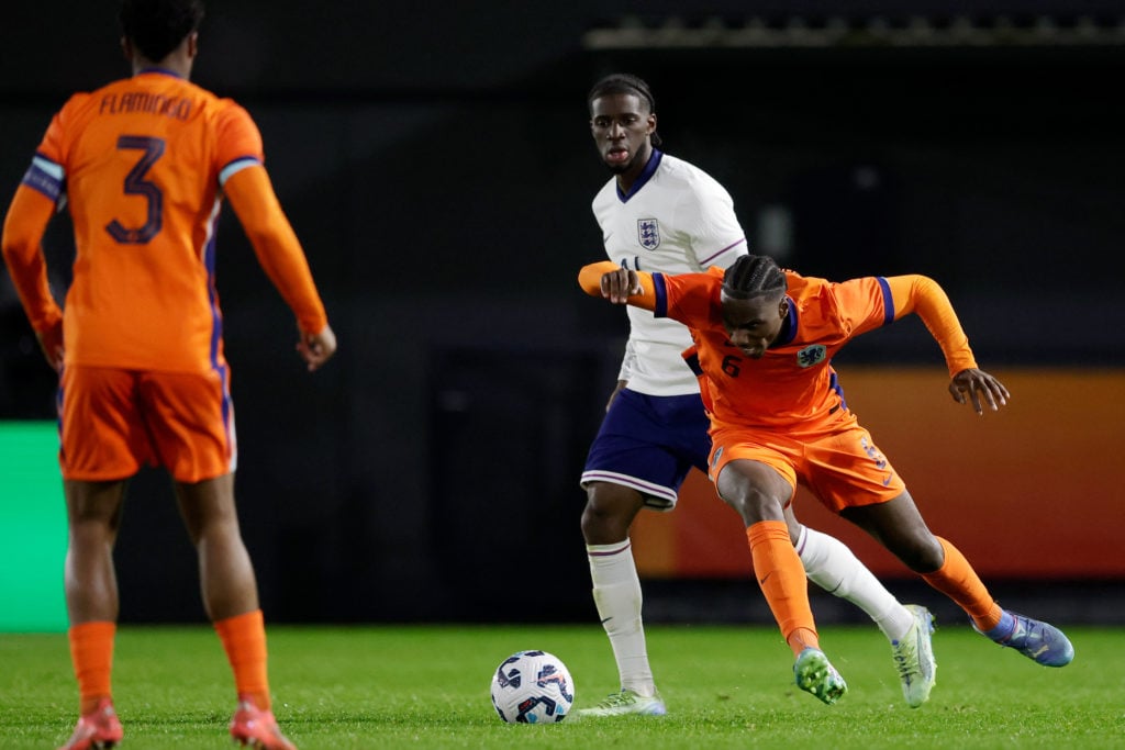 (L-R) Samuel Iling Junior of England U21, Ezechiel Banzuzi of Holland U21  during the  U21 Men match between Holland U21 v England U21 at the Yanma...