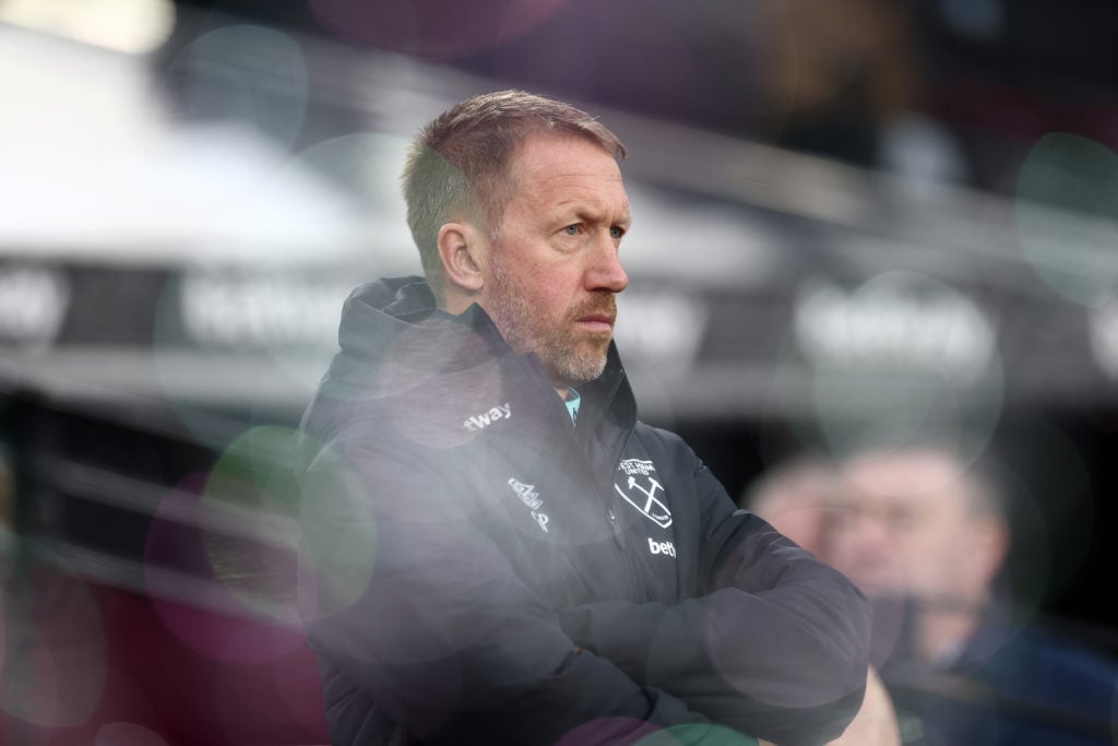 Graham Potter, Head Coach of West Ham United, looks on prior to the Premier League match between West Ham United FC and Crystal Palace FC at London...