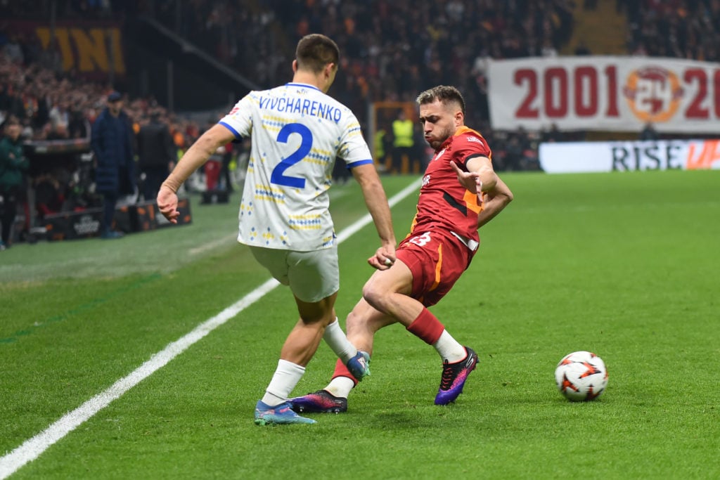 Baris Alper Yilmaz (R) of Galatasaray and Kostiantyn Vivcharenko (L) of Dynamo Kyiv battle for the ball during the UEFA Europa League 2024/25 Leagu...