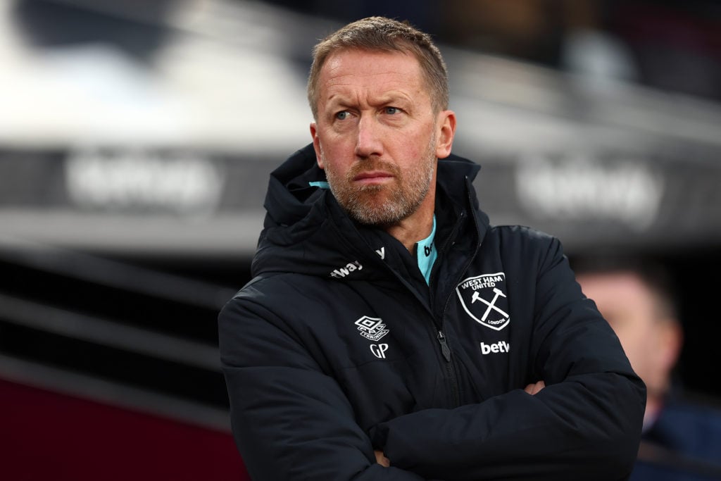 Graham Potter, Head Coach of West Ham United, looks on prior to the Premier League match between West Ham United FC and Crystal Palace FC at London...