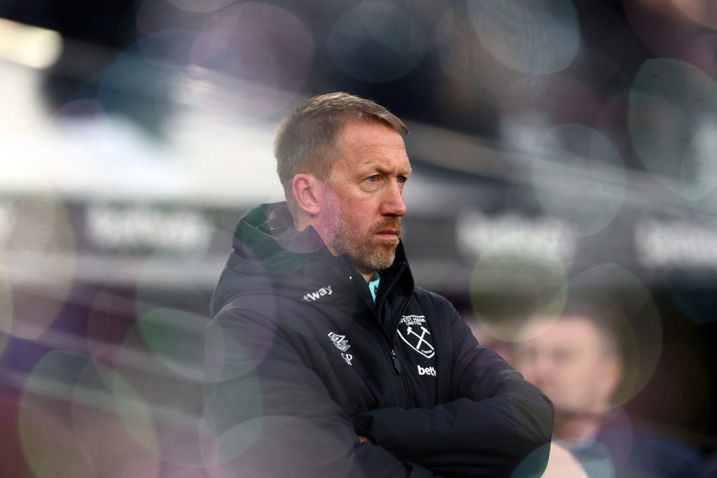 Graham Potter, Head Coach of West Ham United, looks on prior to the Premier League match between West Ham United FC and Crystal Palace FC at London...