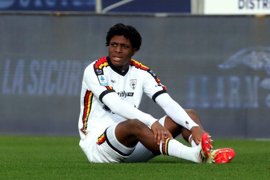 Patrick Dorgu of Lecce injured  during the Serie A match between Cagliari and Lecce at Sardegna Arena on January 19, 2025 in Cagliari, Italy.