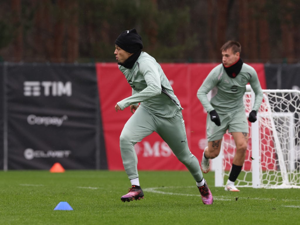 Noah Okafor of AC Milan in action during AC Milan training session at Milanello on January 20, 2025 in Cairate, Italy.