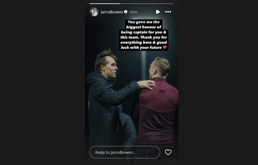 Jarrod Bowen Instagram Stories post about Julen Lopetegui