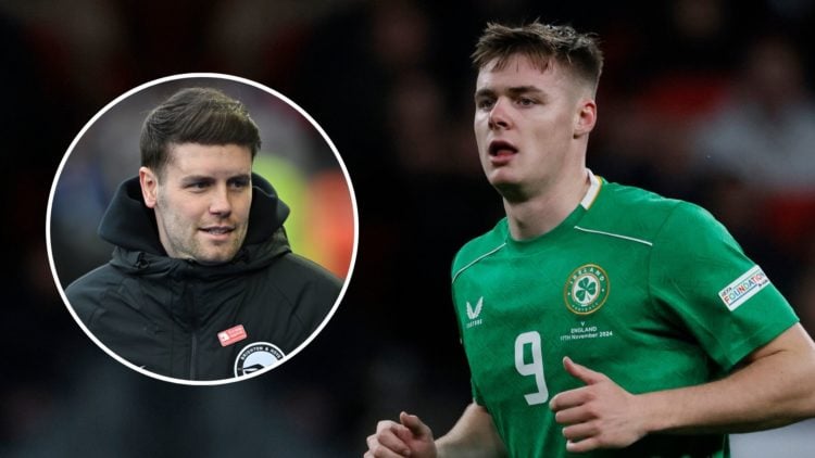Evan Ferguson of Republic of Ireland running during the UEFA Nations League 2024/25 League B Group B2 match. Inset, Fabian Hurzeler.