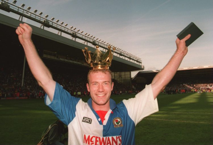 14 MAY 1995:  BLACKBURN ROVERS STRIKER  ALAN SHEARER CELEBRATES AFTER HIS TEAM CLINCHED THE LEAGUE TITLE AFTER THE GAME AGAINST LIVERPOOL.