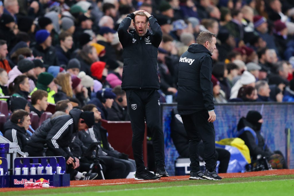 Graham Potter, head coach of West Ham United,  reacts after a missed chance during the Premier League match between Aston Villa FC and West Ham Uni...