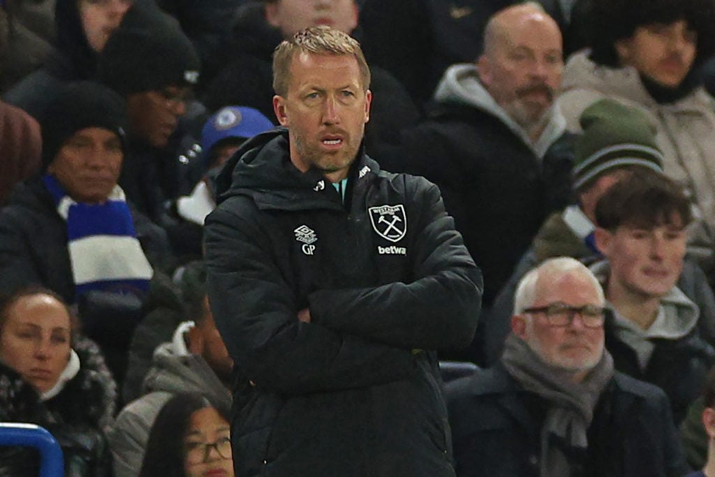 West Ham's English chief coach United Graham Potter looks during the English Premier League football match between Chelsea and West Ham United in ...